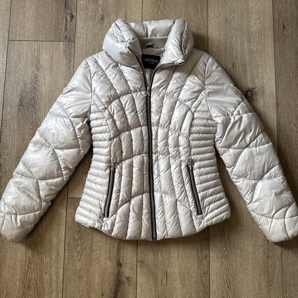 Guess Silver Gray Puffer Jacket Womens Full Zip Quilted Insulated Sz Medium slim